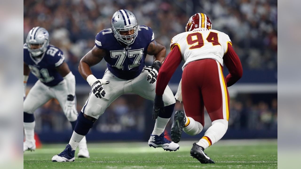 The starting Dallas Cowboys offensive line of Dallas Cowboys tackle Tyron  Smith (77), Dallas Cowboys guard Ronald Leary (65), Dallas Cowboys center  Travis Frederick (72), Dallas Cowboys guard Zack Martin (70) and