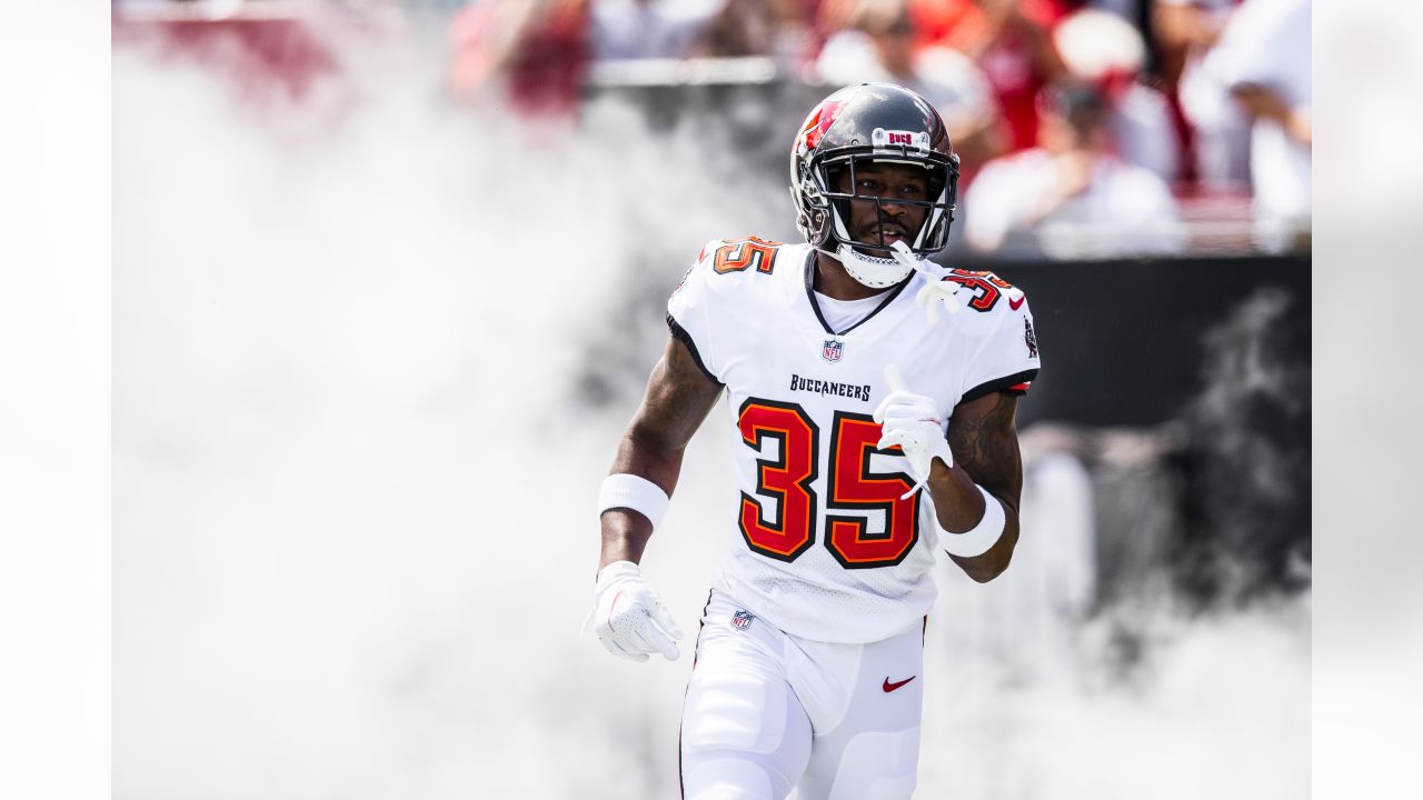 Tampa Bay Buccaneers cornerback Jamel Dean (35) walks off the field at  halftime during an NFL football game against the Seattle Seahawks at  Allianz Arena in Munich, Germany, Sunday, Nov. 13, 2022.