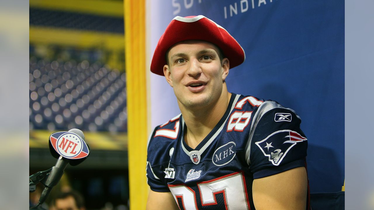 New England Patriots tight end Ron Gronkowski arrives on the field for  media day prior to Super Bowl XLVI in Indianapolis on January 31, 2012.  This is Gronkowski's first day without wearing