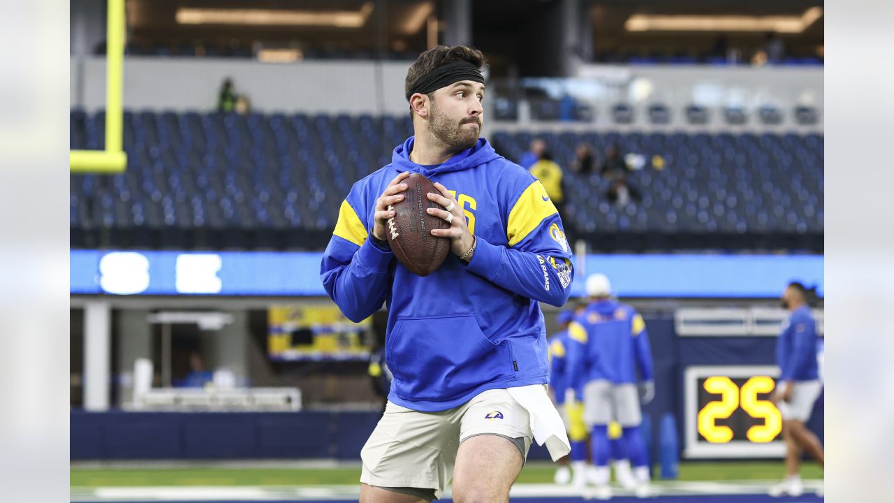 Los Angeles Rams quarterback Baker Mayfield warms up before an NFL