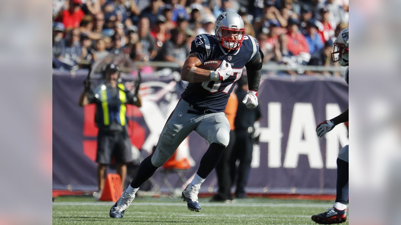 New England Patriots tight end Aaron Hernandez (85) celebrates in the  endzone after scoring on a 10-yard touchdown reception in the fourth  quarter against the Green Bay Packers at Gillette Stadium in Foxboro,  Massachusetts on December 19, 2010. The