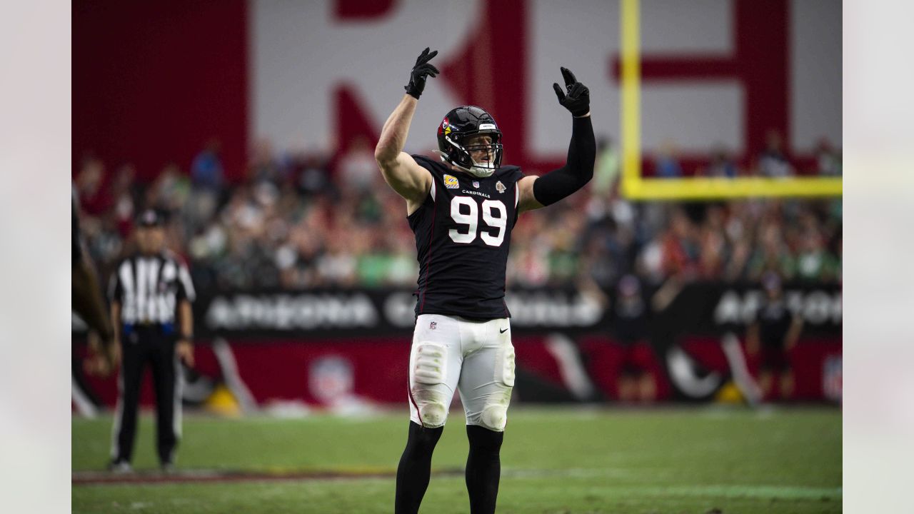 Defensive lineman (99) JJ Watt of the Arizona Cardinals warms up before  playing against the Los Angeles Rams in an NFL football game, Sunday, Sept.  25, 2022, in Glendale, AZ. Rams won