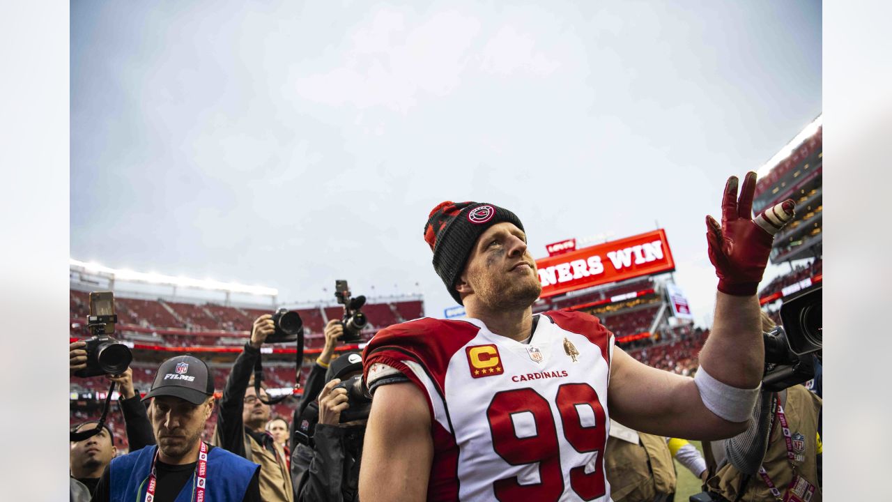 Defensive lineman (99) JJ Watt of the Arizona Cardinals warms up before  playing against the Los Angeles Rams in an NFL football game, Sunday, Sept.  25, 2022, in Glendale, AZ. Rams won