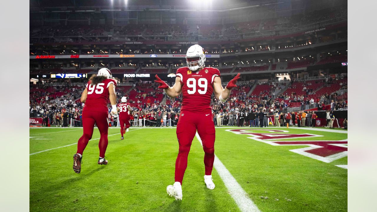 Defensive lineman (99) JJ Watt of the Arizona Cardinals warms up before  playing against the Los Angeles Rams in an NFL football game, Sunday, Sept.  25, 2022, in Glendale, AZ. Rams won