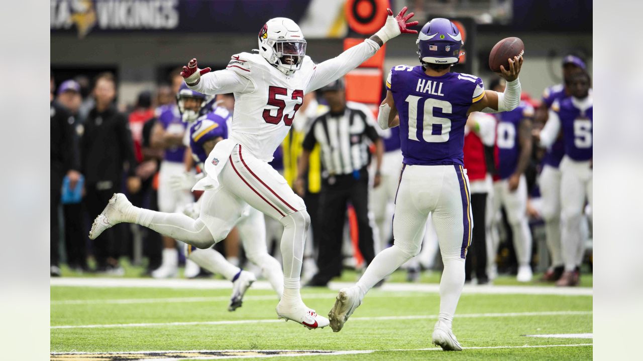 Arizona Cardinals wide receiver Davion Davis (10) runs down the field  during the first half of an NFL preseason football game against the  Minnesota Vikings, Saturday, Aug. 26, 2023, in Minneapolis. (AP