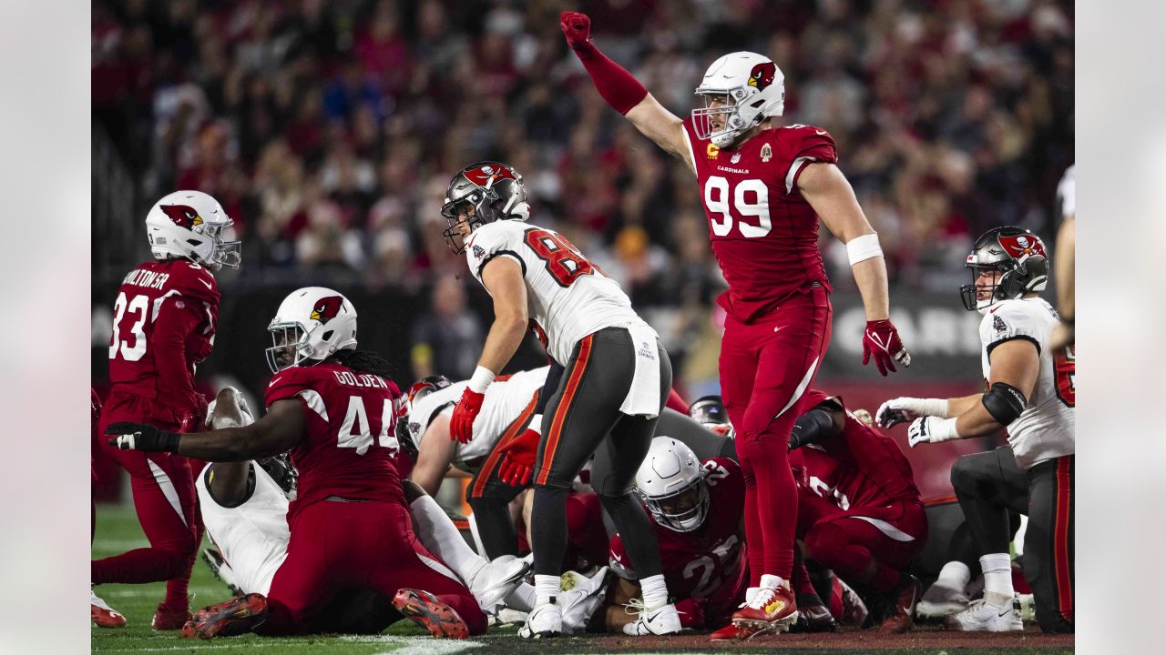 Defensive lineman (99) JJ Watt of the Arizona Cardinals warms up before  playing against the Los Angeles Rams in an NFL football game, Sunday, Sept.  25, 2022, in Glendale, AZ. Rams won