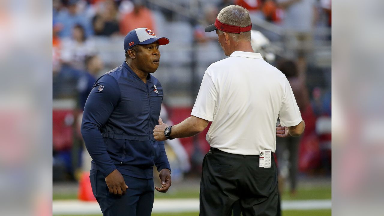 Denver Broncos defensive coordinator Vance Joseph, right, gestures from the  sideline during the second half of an NFL preseason football game against  the Arizona Cardinals in Glendale, Ariz., Friday, Aug. 11, 2023. (