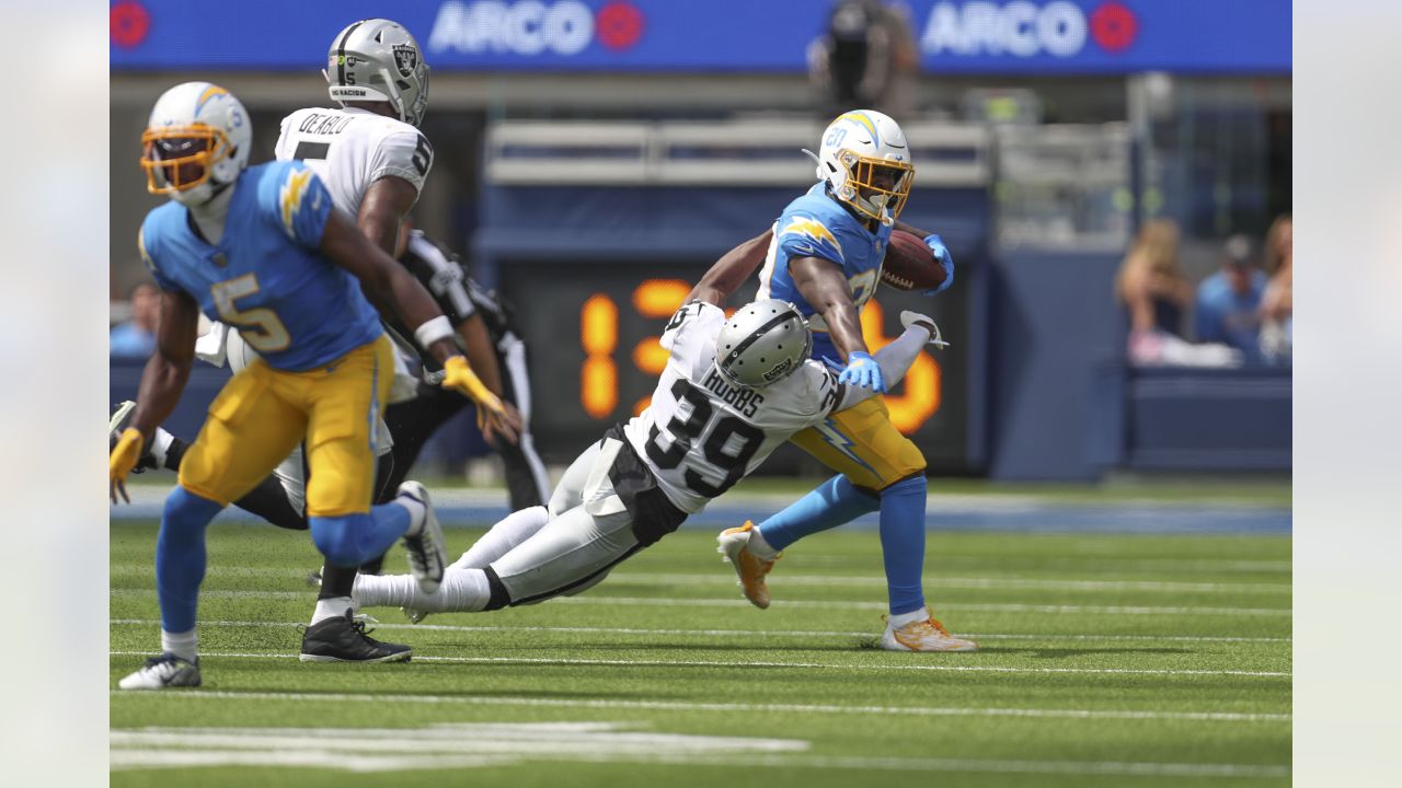 Los Angeles Chargers safety Derwin James Jr. (3) in action during an NFL  football game against the Las Vegas Raiders, Sunday, September 11, 2022 in  Inglewood, Calif. The Chargers defeated the Raiders