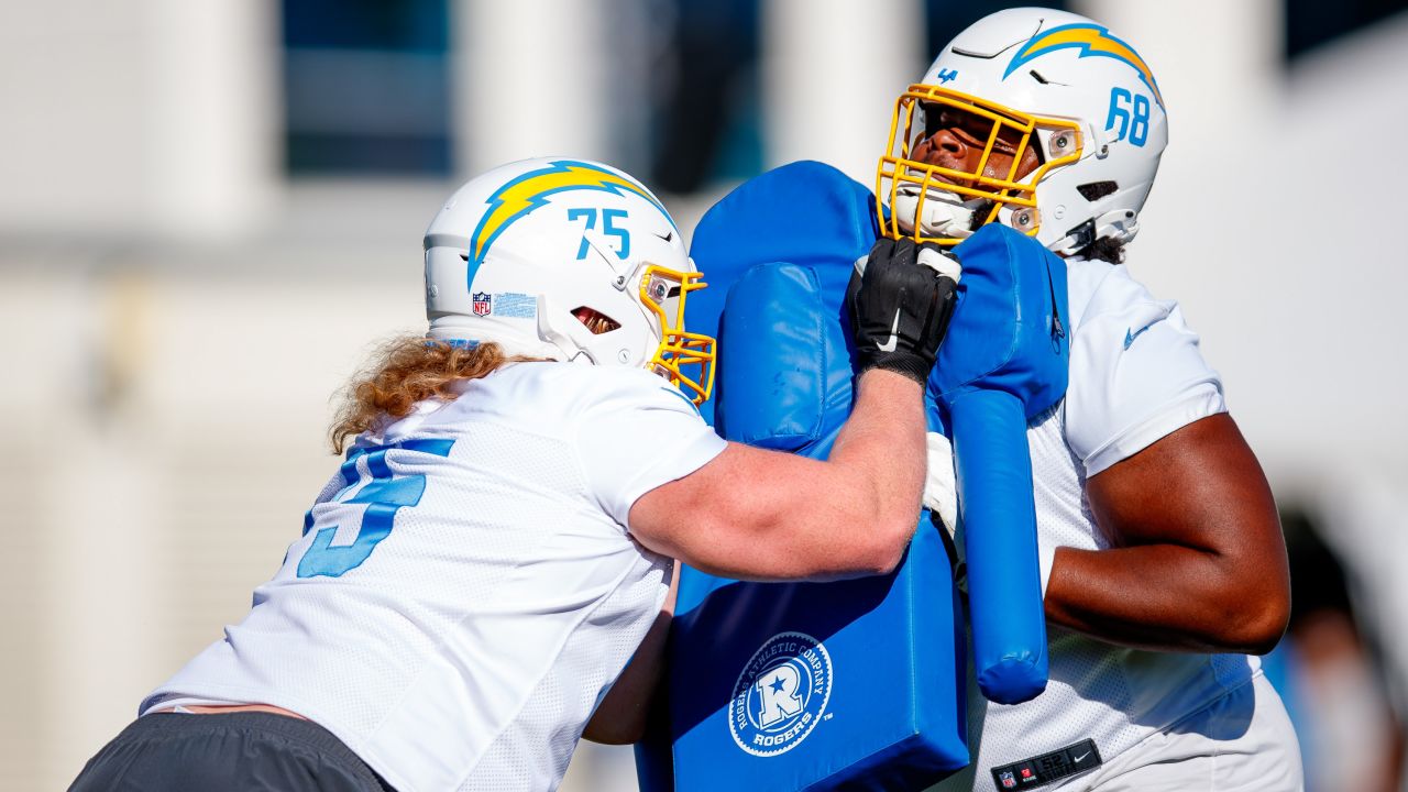 Los Angeles Chargers tight end Hunter Kampmoyer (87) celebrates his  two-point conversion with running back Isaiah Spiller (28) during the  second half of a preseason NFL football game against the Los Angeles Rams  Saturday, Aug. 13, 2022, in Inglewood