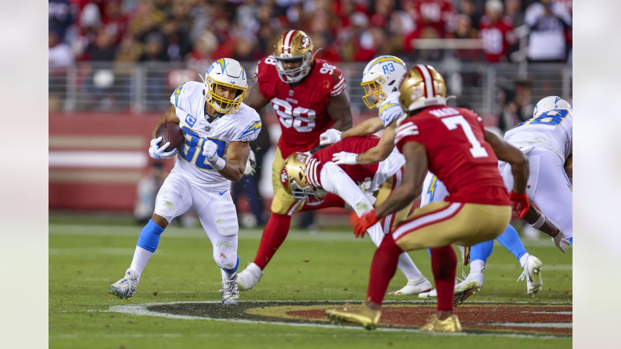 Los Angeles Chargers defensive end Morgan Fox (56) walks off the field  after an NFL football game against the San Francisco 49ers, Sunday, Nov.13,  2022, in Santa Clara, Calif. (AP Photo/Scot Tucker