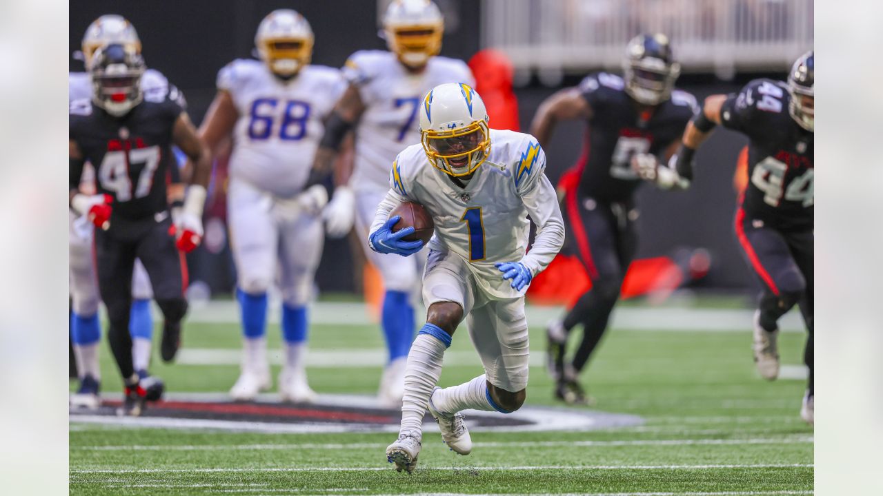 Los Angeles Chargers vs. Atlanta Falcons. NFL Game. American Football  League match. Silhouette of professional player celebrate touch down.  Screen in Stock Photo - Alamy