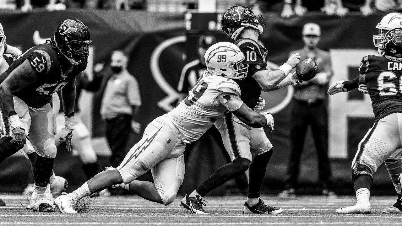 Los Angeles Chargers defensive back J.C. Jackson (27) lines up for the snap  during an NFL football game against the Houston Texans on Sunday, October  2, 2022, in Houston. (AP Photo/Matt Patterson