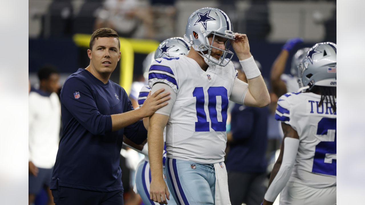 Dallas Cowboys offensive coordinator Kellen Moore reacts to a play