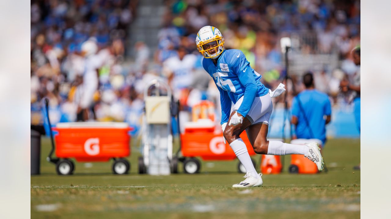 Los Angeles Chargers safety Alohi Gilman (32) takes his stance during an  NFL football game against the Seattle Seahawks, Sunday, Oct. 23, 2022, in  Inglewood, Calif. (AP Photo/Kyusung Gong Stock Photo - Alamy