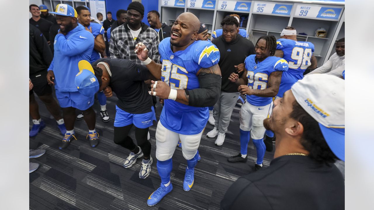 Inglewood, United States. 05th Oct, 2021. Los Angeles Chargers quarterback  Justin Herbert waves his fist to the crowd after victory over the Las Vegas  Raiders at SoFi Stadium on Monday, October 4