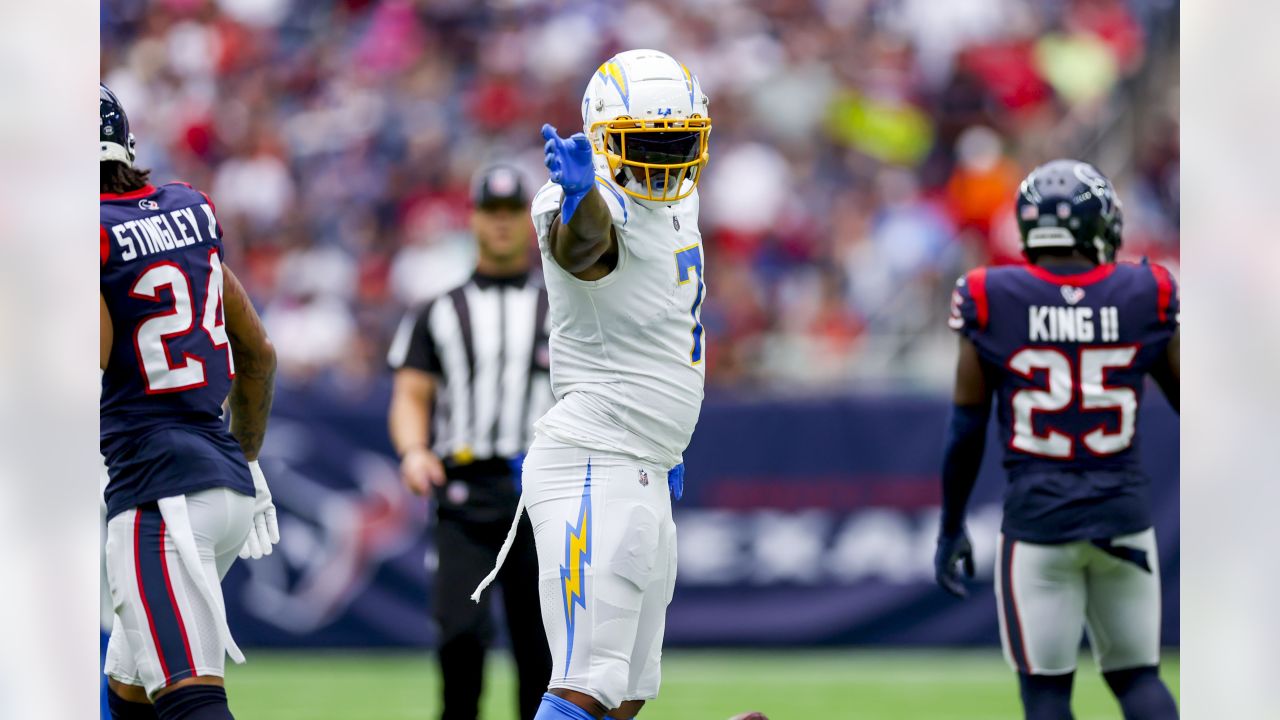 Los Angeles Chargers tight end Tre' McKitty (88) wears a Jamaica flag  sticker on his helmet before an NFL football game against the Houston  Texans, Sunday, Oct. 2, 2022, in Houston. (AP