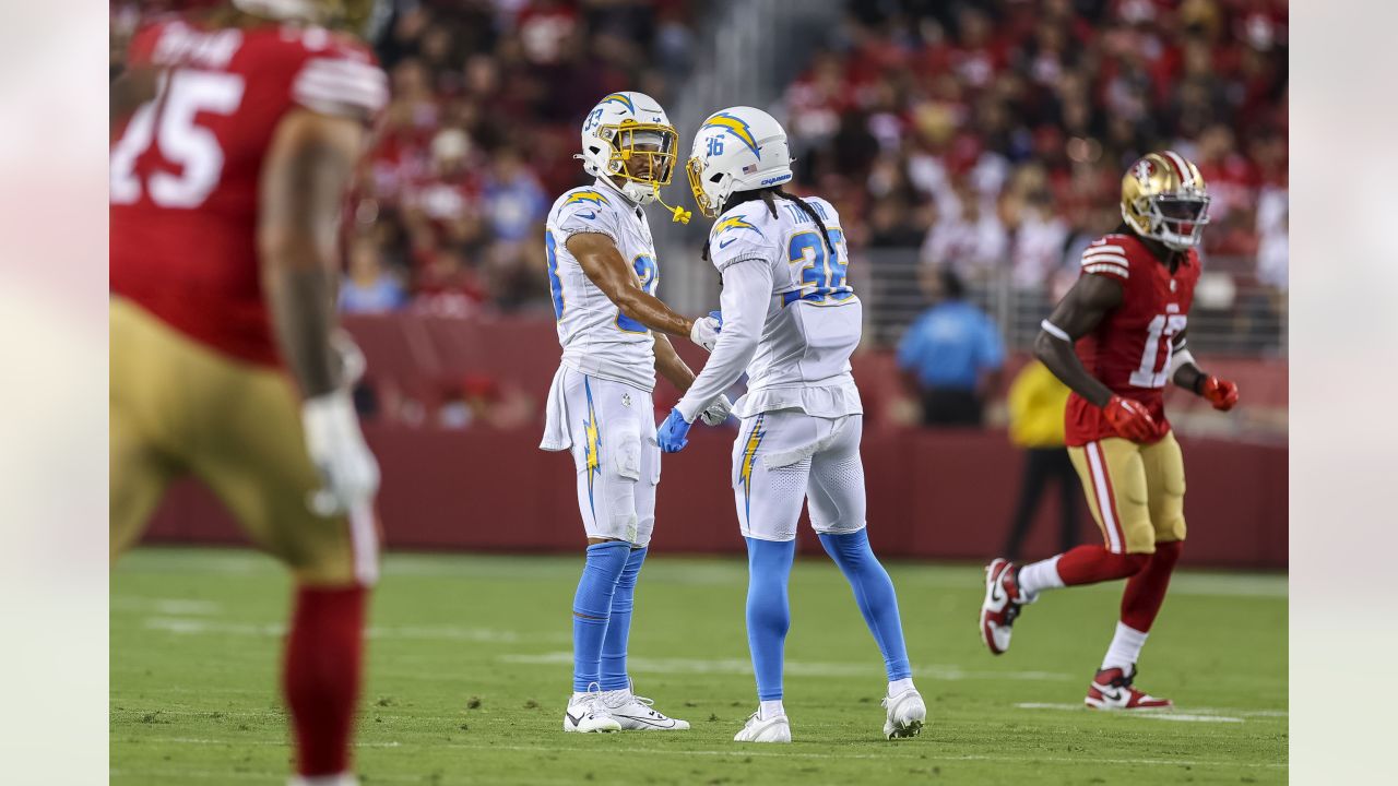 Los Angeles Chargers cornerback Ja'Sir Taylor plays against the San  Francisco 49ers during the first half of an NFL preseason football game  Friday, Aug. 25, 2023, in Santa Clara, Calif. (AP Photo/Godofredo