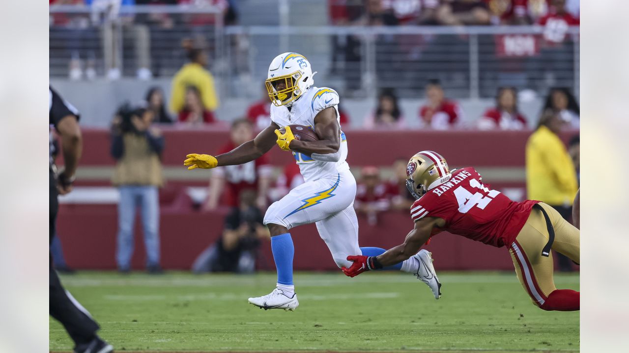 Los Angeles Chargers cornerback Ja'Sir Taylor plays against the San  Francisco 49ers during the first half of an NFL preseason football game  Friday, Aug. 25, 2023, in Santa Clara, Calif. (AP Photo/Godofredo