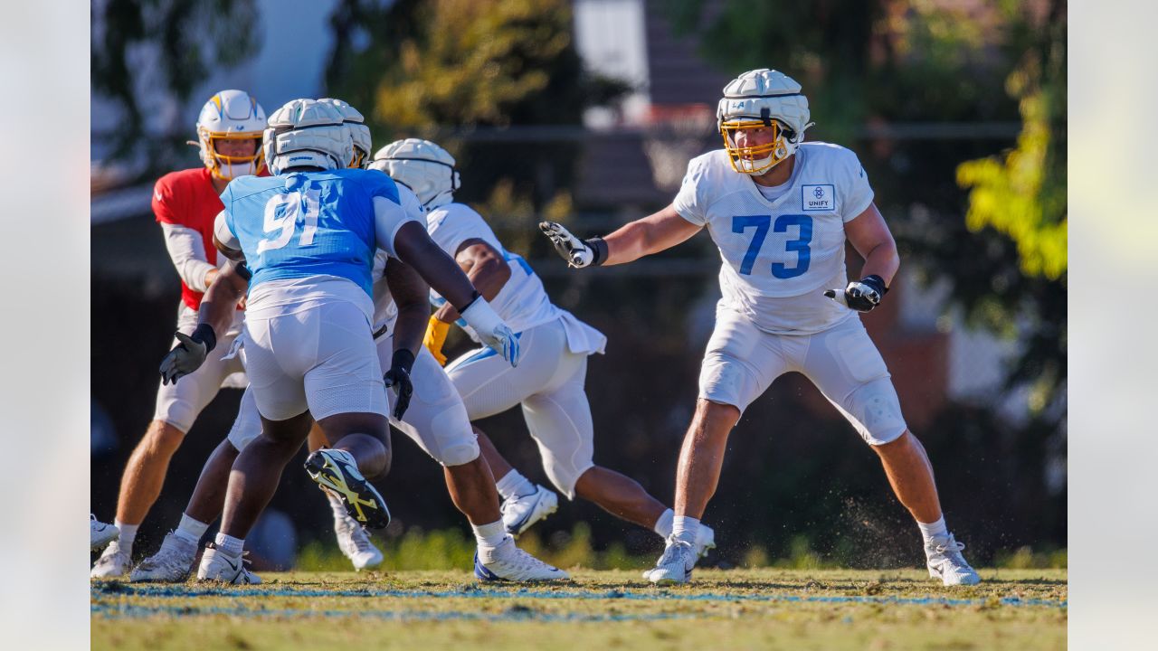 Los Angeles Chargers offensive tackle Rashawn Slater (70) gets set for a  play on the line of scrimmage during an NFL football game against the  Kansas City Chiefs Sunday, Sept. 26, 2021