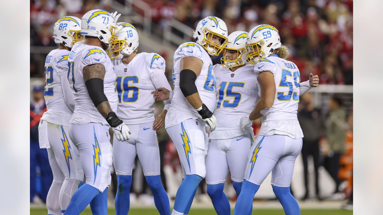 Los Angeles Chargers place-kicker Cameron Dicker (11) kicks a field goal  against the San Francisco 49ers during the first half of an NFL preseason  football game Friday, Aug. 25, 2023, in Santa