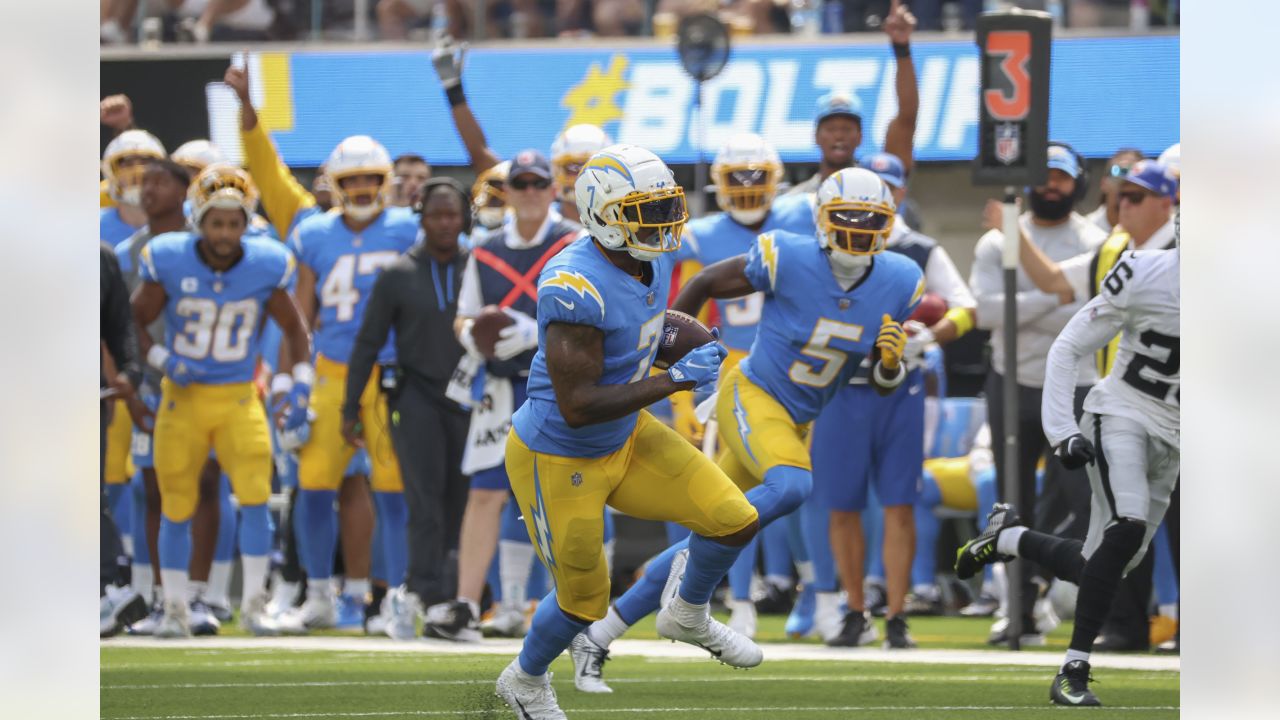 Los Angeles Chargers safety Derwin James Jr. (3) in action during an NFL  football game against the Las Vegas Raiders, Sunday, September 11, 2022 in  Inglewood, Calif. The Chargers defeated the Raiders