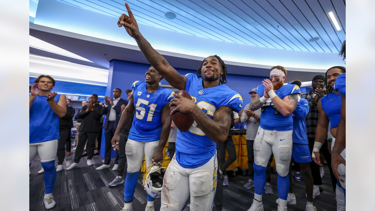 Inglewood, United States. 05th Oct, 2021. Los Angeles Chargers quarterback  Justin Herbert waves his fist to the crowd after victory over the Las Vegas  Raiders at SoFi Stadium on Monday, October 4