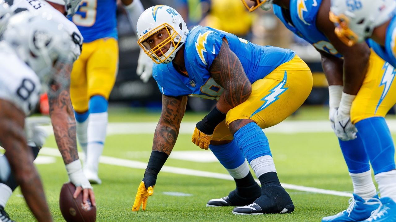 Los Angeles Chargers offensive tackle Trey Pipkins III (79) takes his  stance during an NFL football game against the Jacksonville Jaguars Sunday,  Sept. 25, 2022, in Inglewood, Calif. (AP Photo/Kyusung Gong Stock