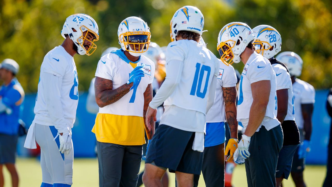 Los Angeles Chargers tight end Hunter Kampmoyer (87) celebrates his  two-point conversion with running back Isaiah Spiller (28) during the  second half of a preseason NFL football game against the Los Angeles Rams  Saturday, Aug. 13, 2022, in Inglewood