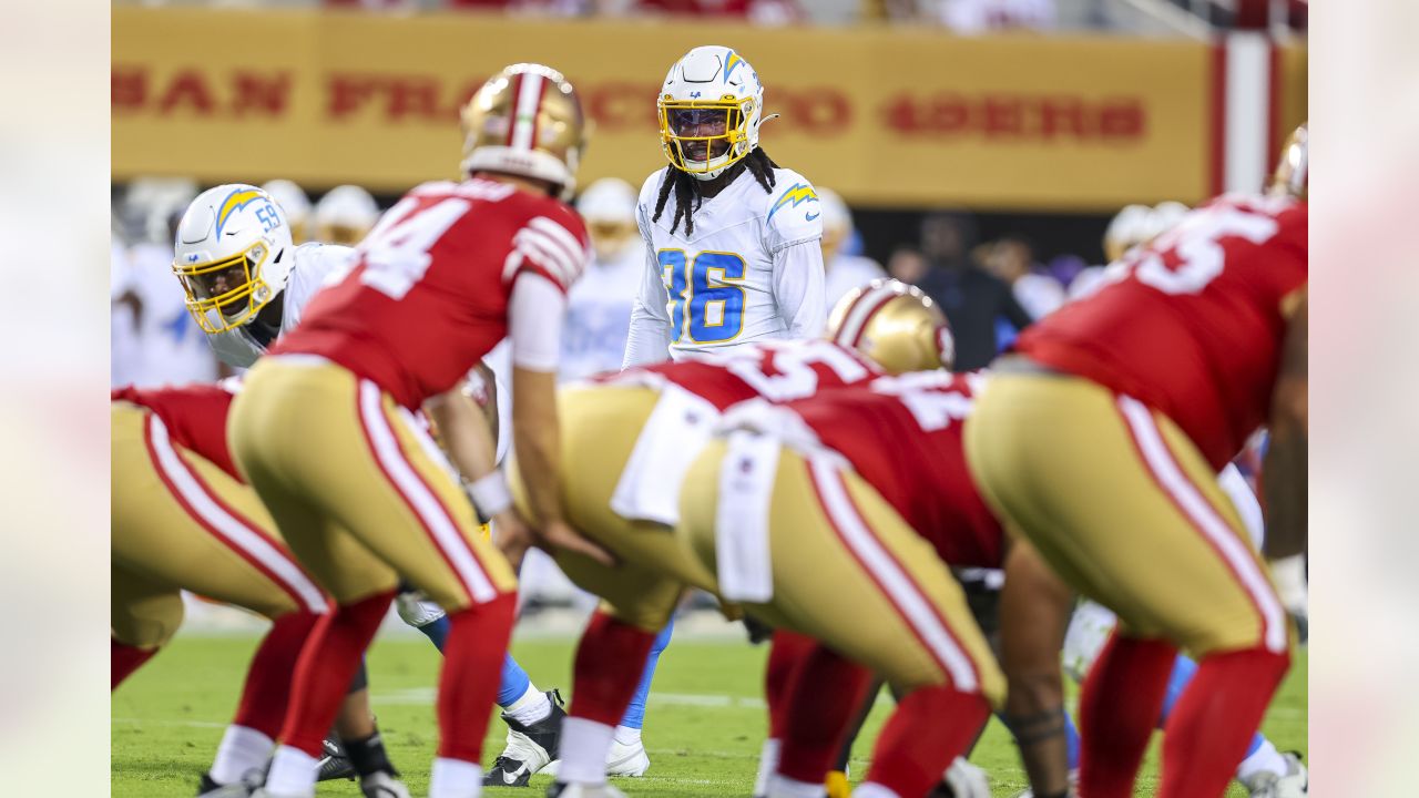 Los Angeles Chargers cornerback Ja'Sir Taylor plays against the San  Francisco 49ers during the first half of an NFL preseason football game  Friday, Aug. 25, 2023, in Santa Clara, Calif. (AP Photo/Godofredo