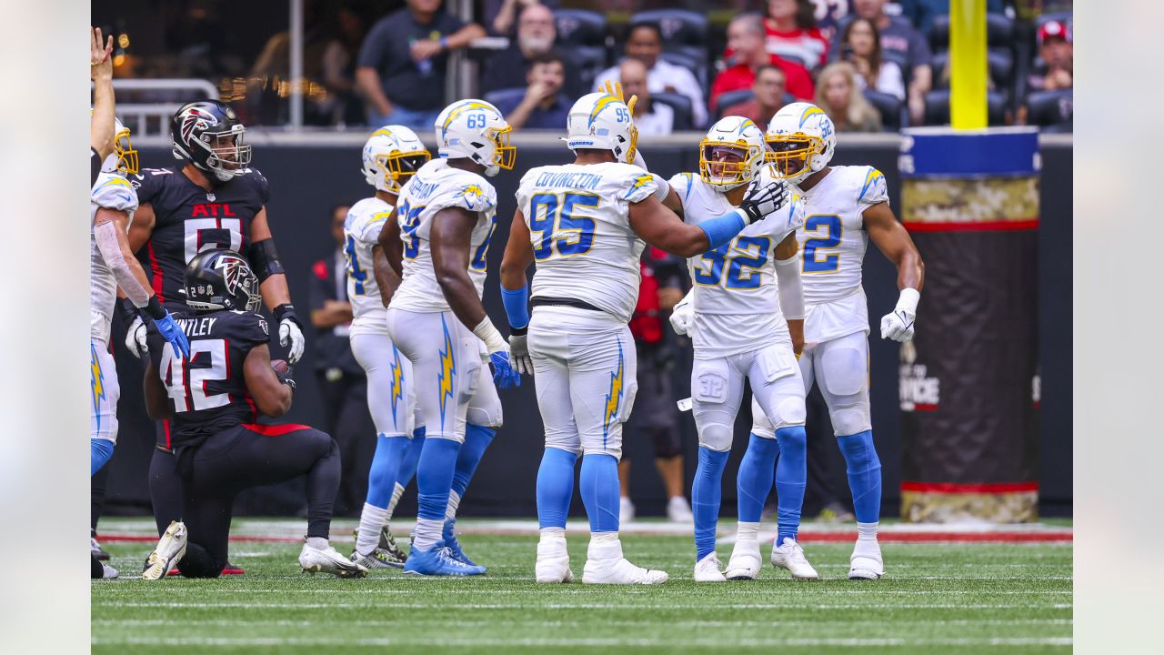 Los Angeles Chargers vs. Atlanta Falcons. NFL Game. American Football  League match. Silhouette of professional player celebrate touch down.  Screen in Stock Photo - Alamy