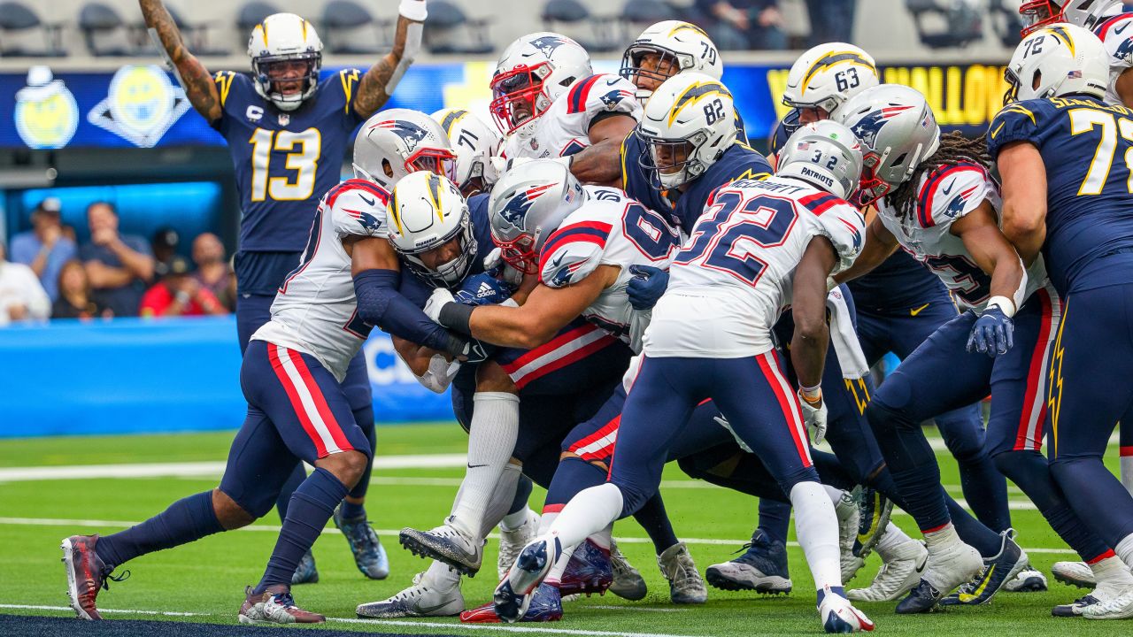 INGLEWOOD, CA - OCTOBER 31:Los Angeles Chargers running back Justin Jackson  #22 during an NFL game between the New England Patriots and the Los Angeles  Chargers on October 31, 2021, at SoFi