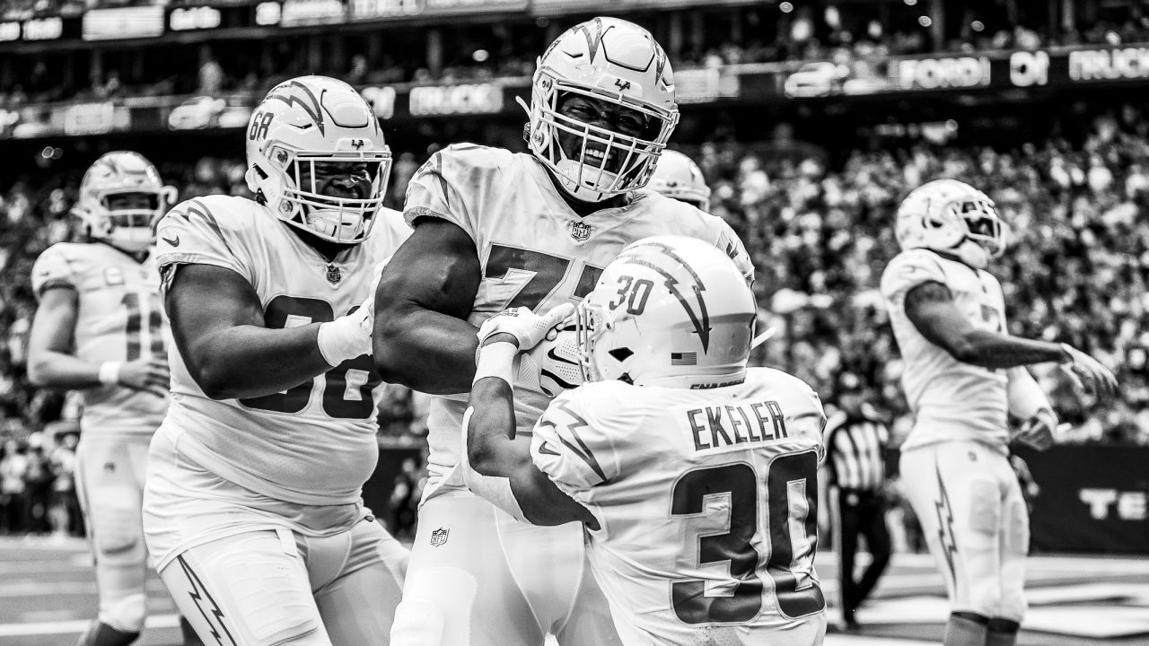 Los Angeles Chargers defensive back J.C. Jackson (27) lines up for the snap  during an NFL football game against the Houston Texans on Sunday, October  2, 2022, in Houston. (AP Photo/Matt Patterson