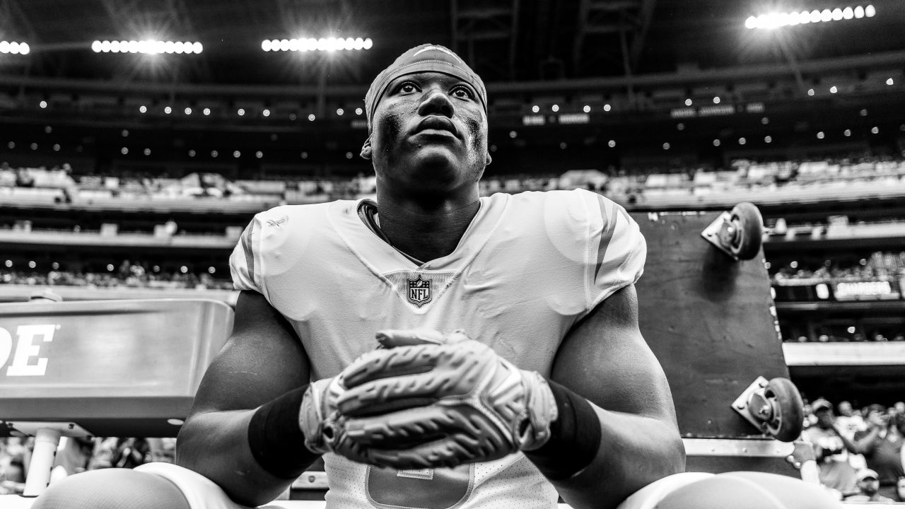 Los Angeles Chargers safety Derwin James Jr. (3) looks into the backfield  during an NFL football game against the San Francisco 49ers, Sunday,  Nov.13, 2022, in Santa Clara, Calif. (AP Photo/Scot Tucker