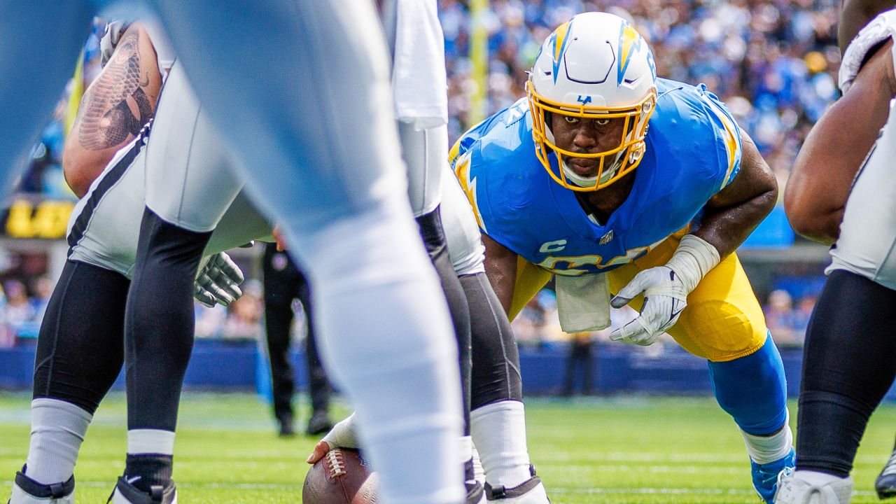 Los Angeles Chargers offensive tackle Trey Pipkins III (79) takes his  stance during an NFL football game against the Jacksonville Jaguars Sunday,  Sept. 25, 2022, in Inglewood, Calif. (AP Photo/Kyusung Gong Stock