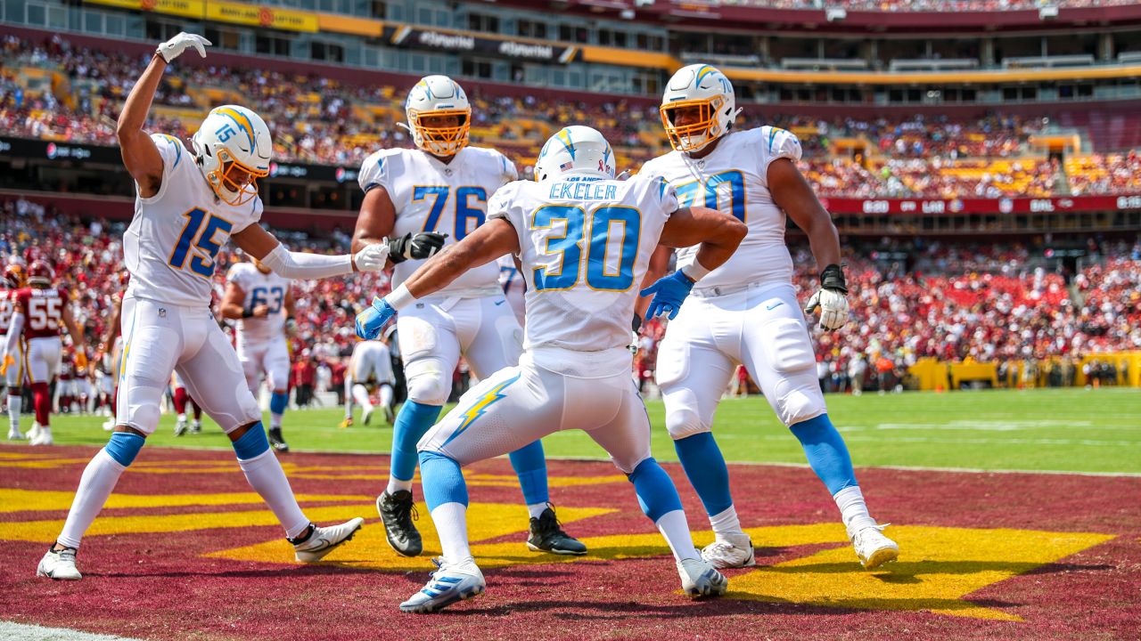 LANDOVER, MD - SEPTEMBER 12: San Diego Chargers running back Austin Ekeler  (30) warms up before the San Diego Chargers vs. Washington Football Team  NFL game at FedEx Field on September 12