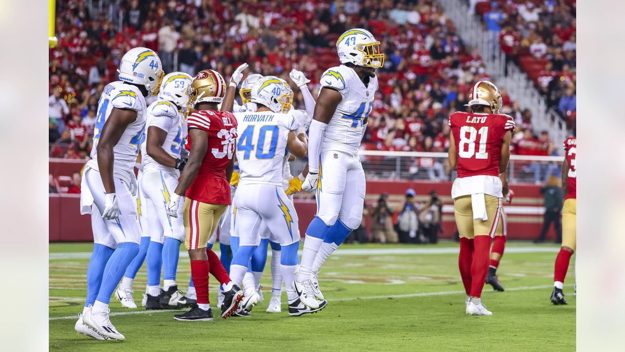 Los Angeles Chargers place-kicker Cameron Dicker (11) kicks a field goal  against the San Francisco 49ers during the first half of an NFL preseason  football game Friday, Aug. 25, 2023, in Santa