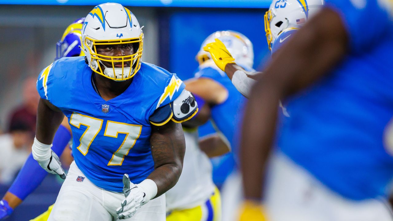 Los Angeles Chargers offensive tackle Trey Pipkins III (79) during the  first half of an NFL football game against the Arizona Cardinals, Sunday,  Nov. 27, 2022, in Glendale, Ariz. (AP Photo/Rick Scuteri