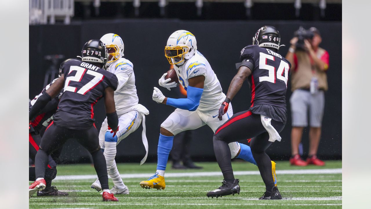 Los Angeles Chargers vs. Atlanta Falcons. NFL Game. American Football  League match. Silhouette of professional player celebrate touch down.  Screen in Stock Photo - Alamy