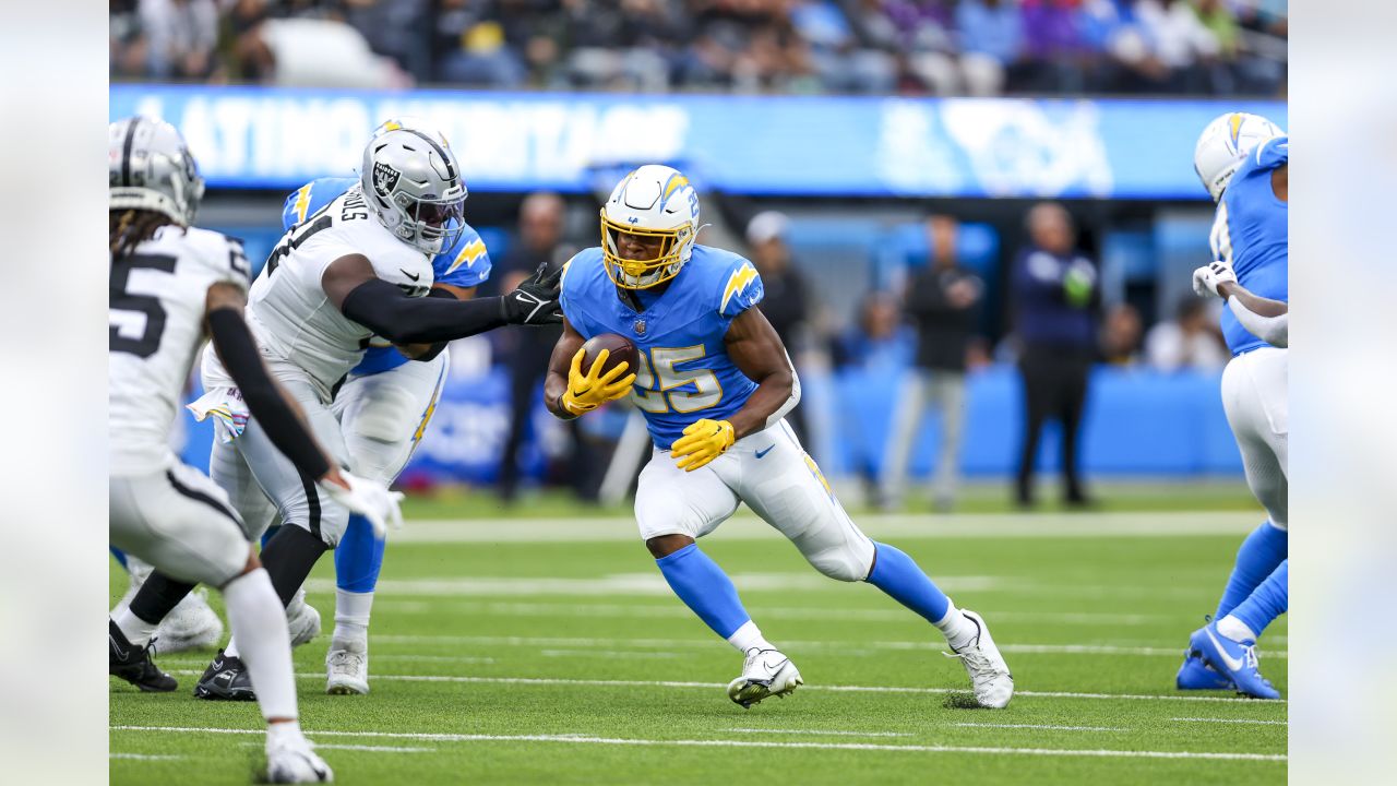 Inglewood, United States. 05th Oct, 2021. Los Angeles Chargers quarterback  Justin Herbert waves his fist to the crowd after victory over the Las Vegas  Raiders at SoFi Stadium on Monday, October 4