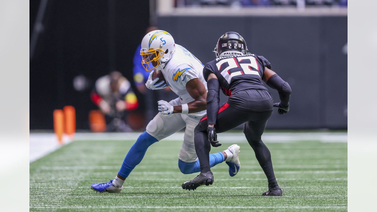 Los Angeles Chargers vs. Atlanta Falcons. NFL Game. American Football  League match. Silhouette of professional player celebrate touch down.  Screen in Stock Photo - Alamy