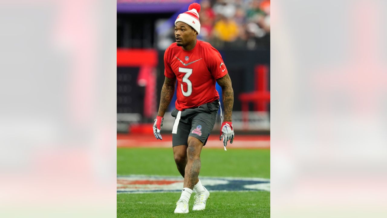 AFC safety Derwin James (33) of the Los Angeles Chargers pursues the ball  during the NFL Pro Bowl football game, Sunday, February 6, 2022, in Las  Vegas. (Gregory Payan/AP Images for NFL