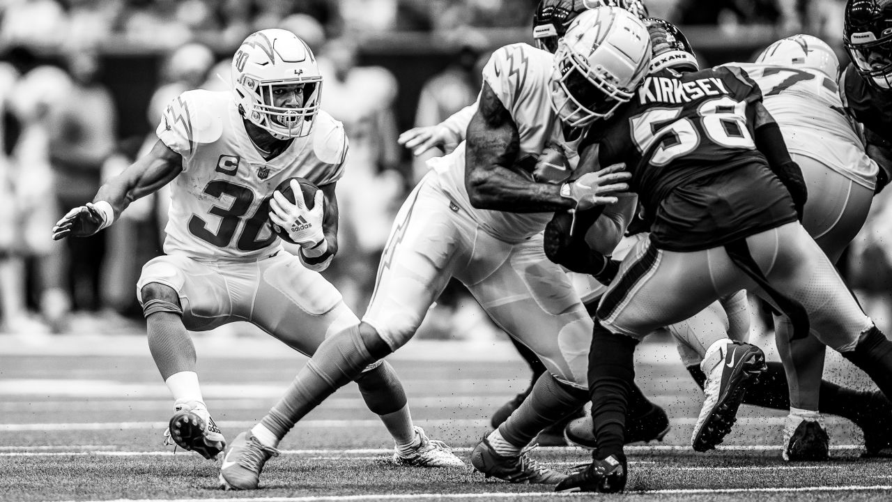 Los Angeles Chargers defensive back J.C. Jackson (27) lines up for the snap  during an NFL football game against the Houston Texans on Sunday, October  2, 2022, in Houston. (AP Photo/Matt Patterson