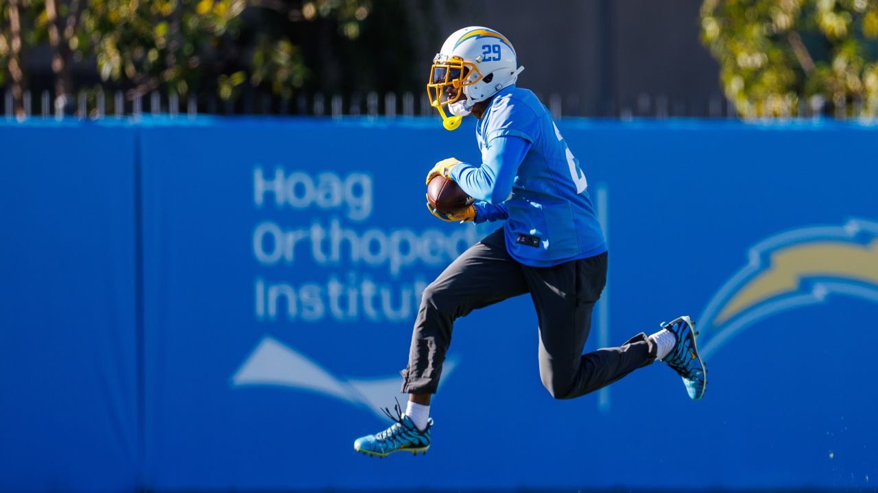 Los Angeles Chargers running back Isaiah Spiller (28) stretches during the  NFL team's training camp, Wednesday, July 26, 2023, in Costa Mesa, Calif.  (AP Photo/Ryan Sun Stock Photo - Alamy