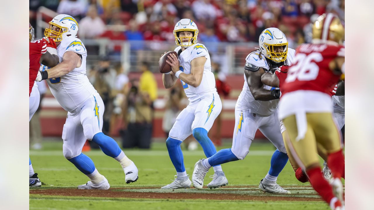 Los Angeles Chargers place-kicker Cameron Dicker (11) kicks a field goal  against the San Francisco 49ers during the first half of an NFL preseason  football game Friday, Aug. 25, 2023, in Santa