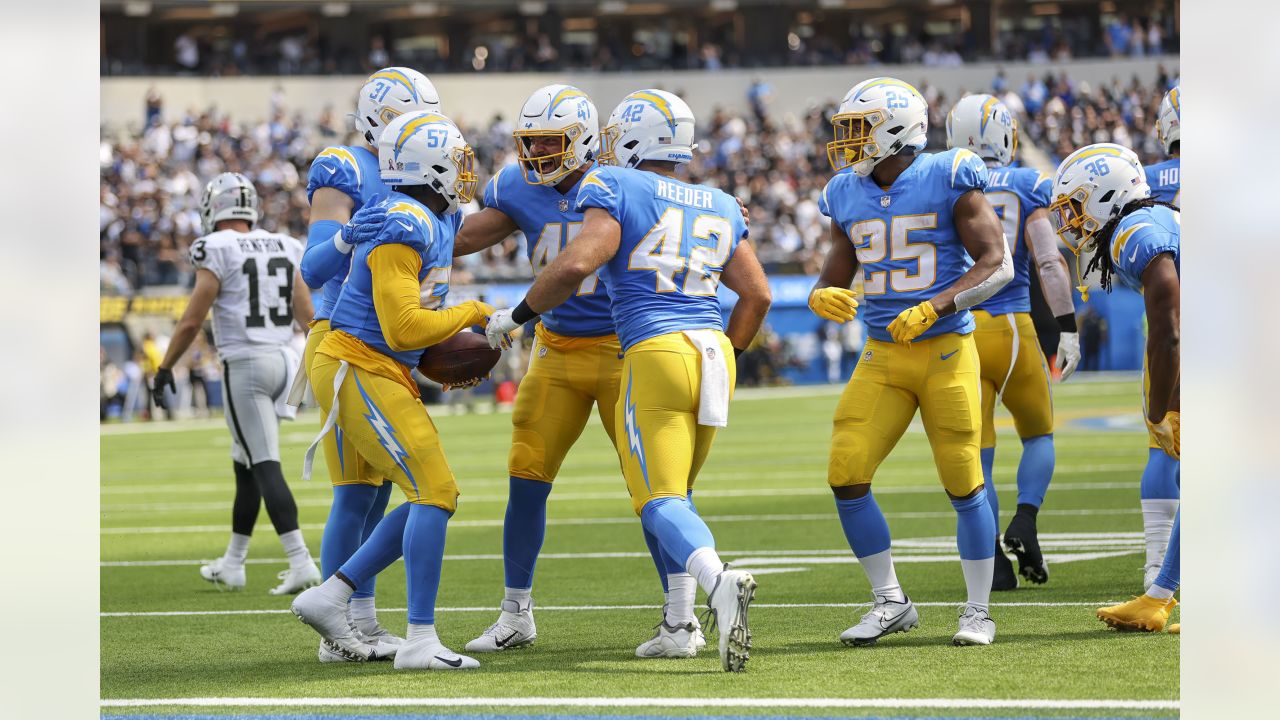 Los Angeles Chargers safety Derwin James Jr. (3) in action during an NFL  football game against the Las Vegas Raiders, Sunday, September 11, 2022 in  Inglewood, Calif. The Chargers defeated the Raiders