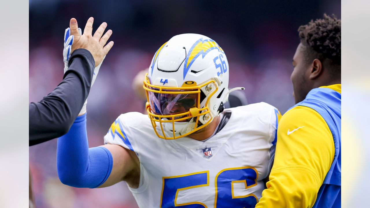 Los Angeles Chargers tight end Tre' McKitty (88) wears a Jamaica flag  sticker on his helmet before an NFL football game against the Houston  Texans, Sunday, Oct. 2, 2022, in Houston. (AP