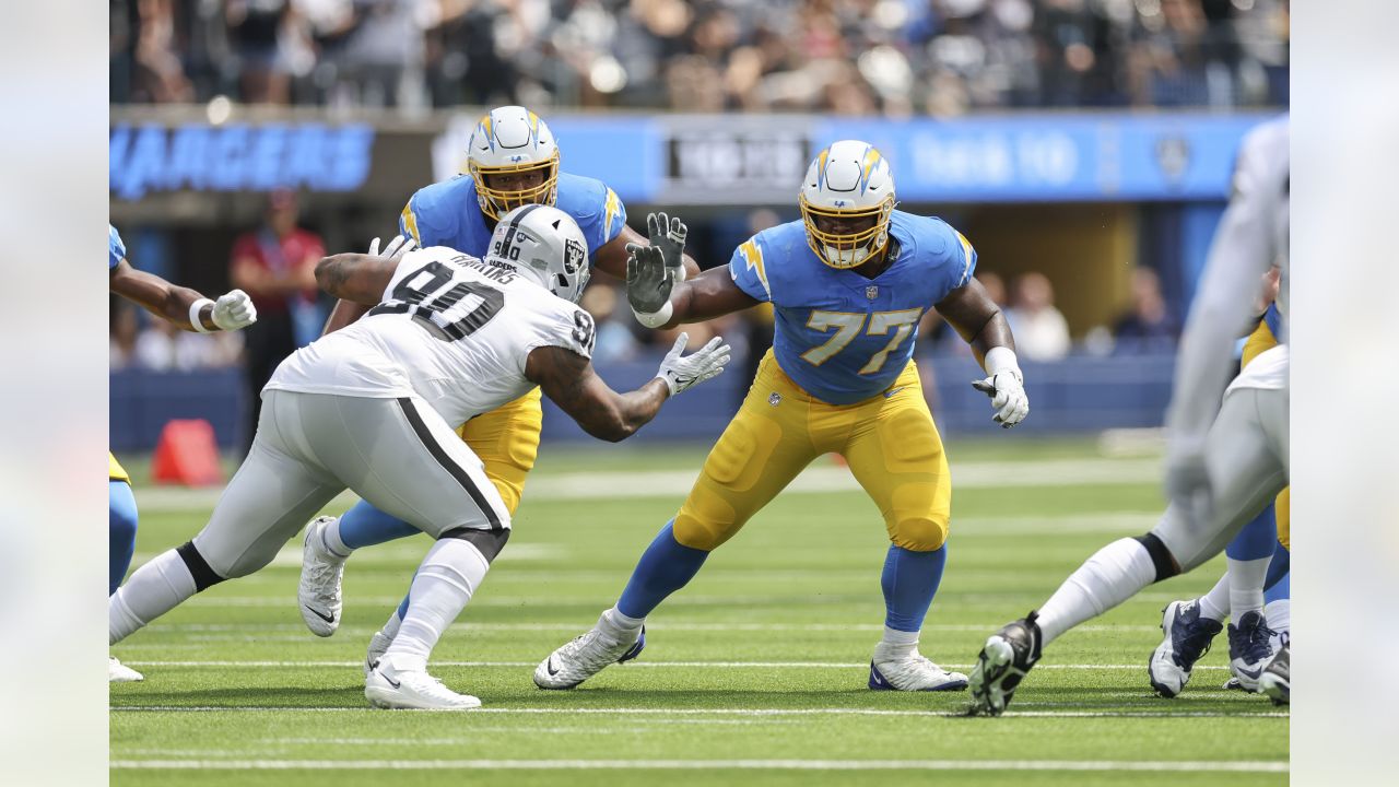 Los Angeles Chargers safety Derwin James Jr. (3) in action during an NFL  football game against the Las Vegas Raiders, Sunday, September 11, 2022 in  Inglewood, Calif. The Chargers defeated the Raiders