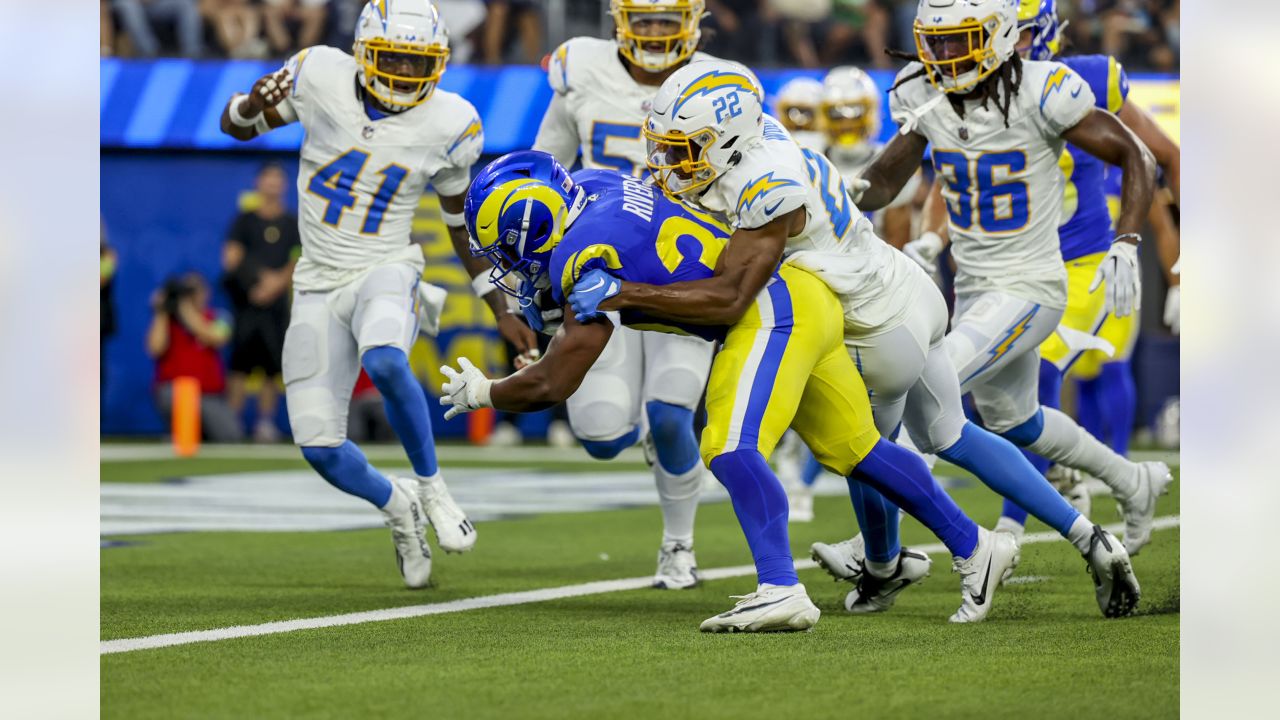 Los Angeles Chargers linebacker Daiyan Henley (0) celebrates after  intercepting a pass during the second half of a preseason NFL football game  against the San Francisco 49ers Friday, Aug. 25, 2023, in