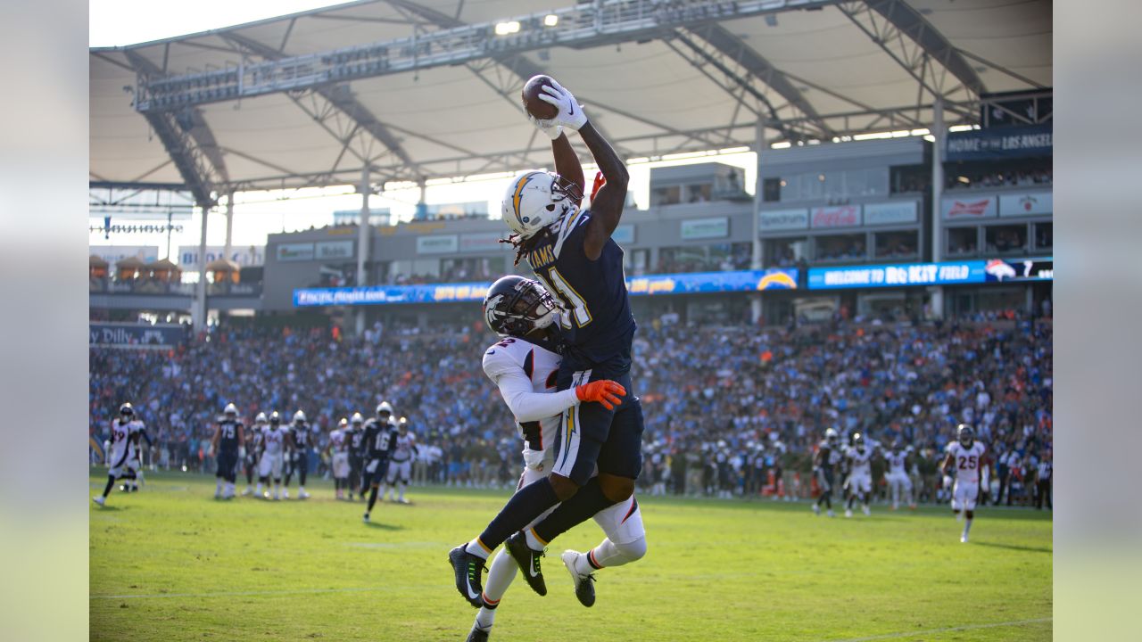 Los Angeles Chargers Travis Benjamin runs in for a touchdown against the Denver  Broncos in the second half at the StubHub Center in Carson, California on  October 22, 2017. The Chargers won