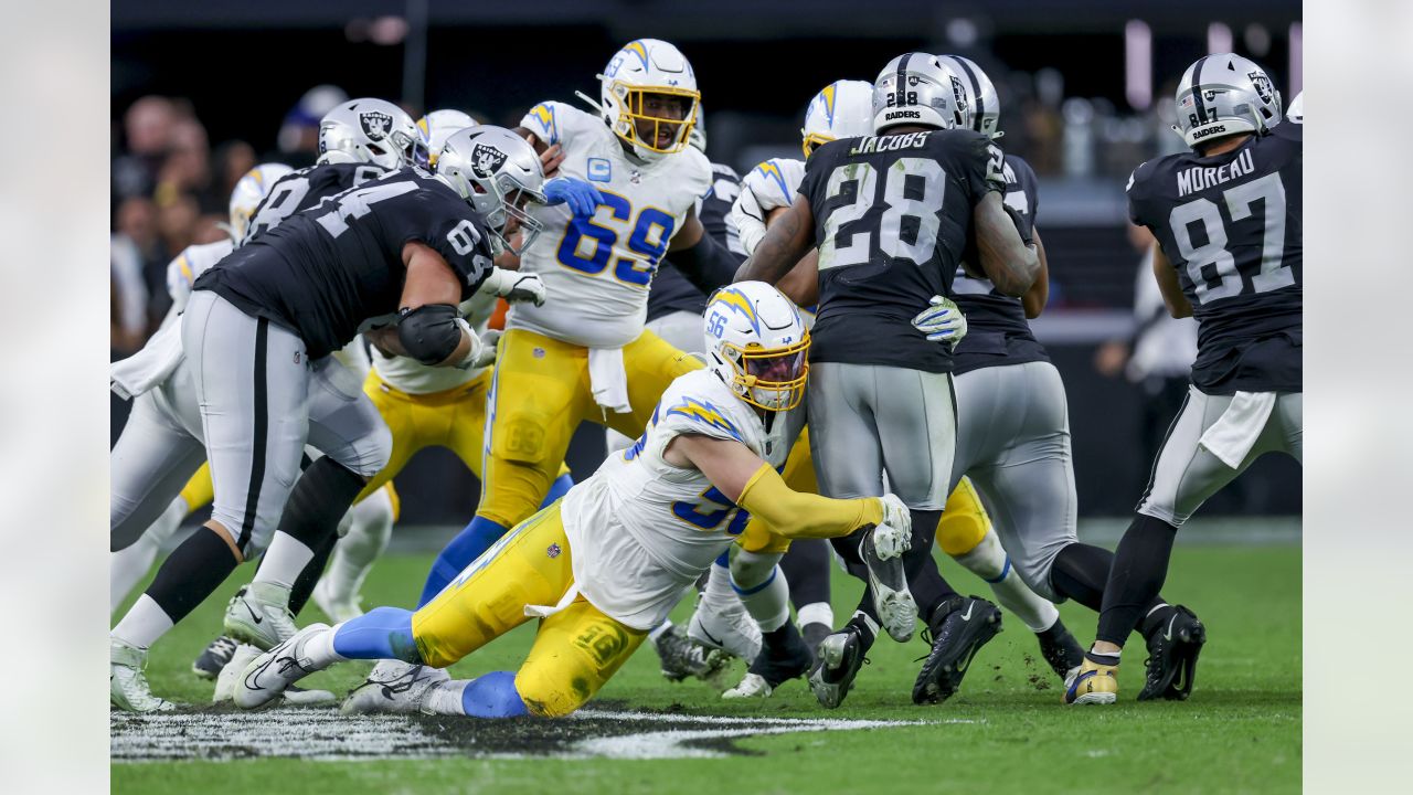 Las Vegas Raiders linebacker Divine Deablo (5) runs during an NFL football  game against the Los Angeles Chargers Monday, Oct. 4, 2021, in Inglewood,  Calif. (AP Photo/Kyusung Gong Stock Photo - Alamy